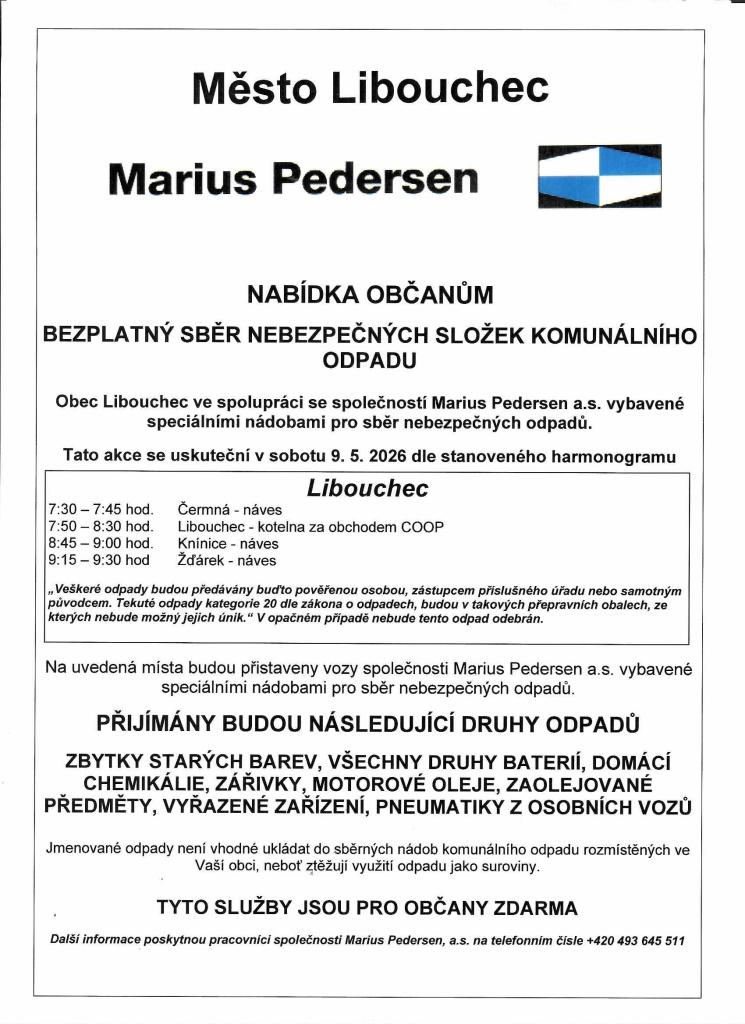 SVOZ NEBEZPEČNÉHO ODPADU DNE 9.5.2026